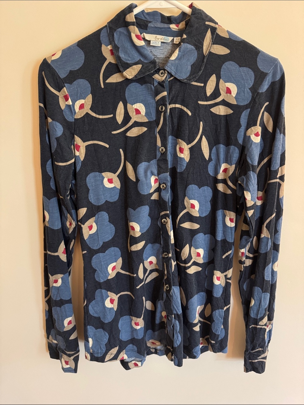 Boden Blue Floral Button-Down Shirt with round Collar